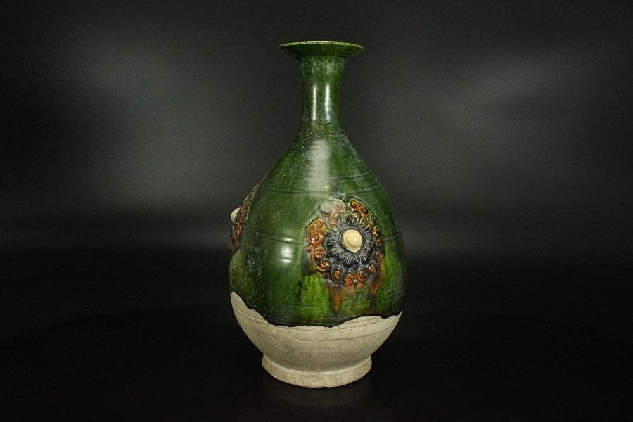 中国美術 緑釉 ニ彩 貼花瓶 高26.3cm(LC145)