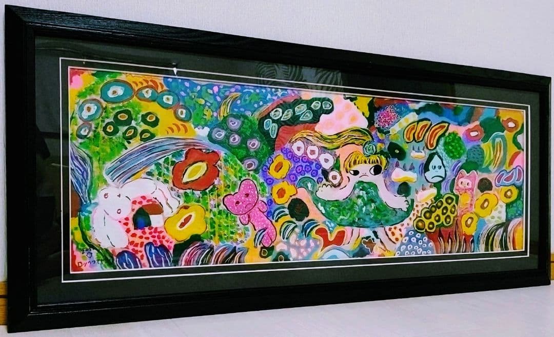ロッカクアヤコ【段ボール画】手描き大型作品/表サイン有り/油彩/アクリル/額縁
