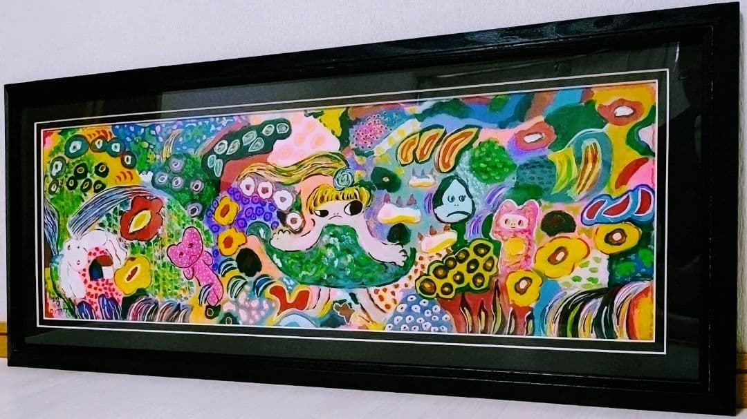 ロッカクアヤコ【段ボール画】手描き大型作品/表サイン有り/油彩/アクリル/額縁