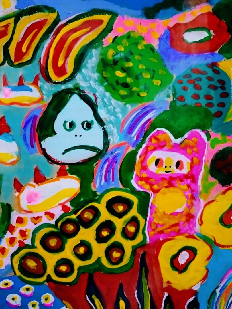 ロッカクアヤコ【段ボール画】手描き大型作品/表サイン有り/油彩/アクリル/額縁