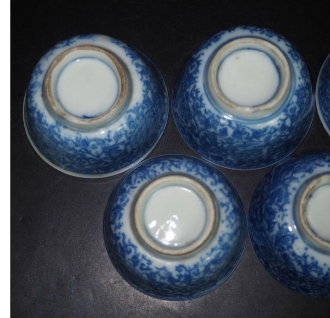 送料無料明治時代　印判　青華煎茶碗5客　検/楽山紫砂九谷備前萩焼常滑宝生伊万里