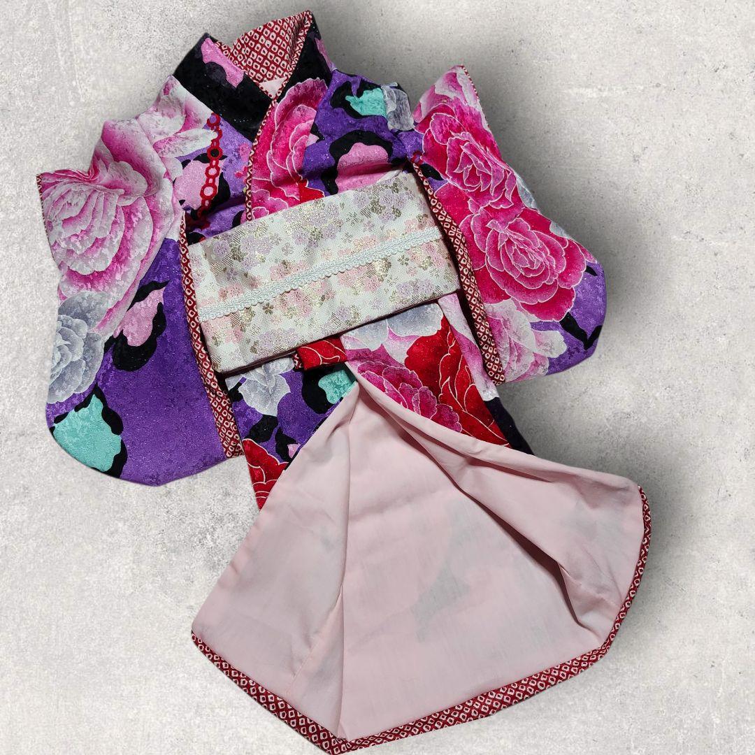 犬服　振り袖　引きずり　黒×ピンク　シルバーラメ　ハンドメイド