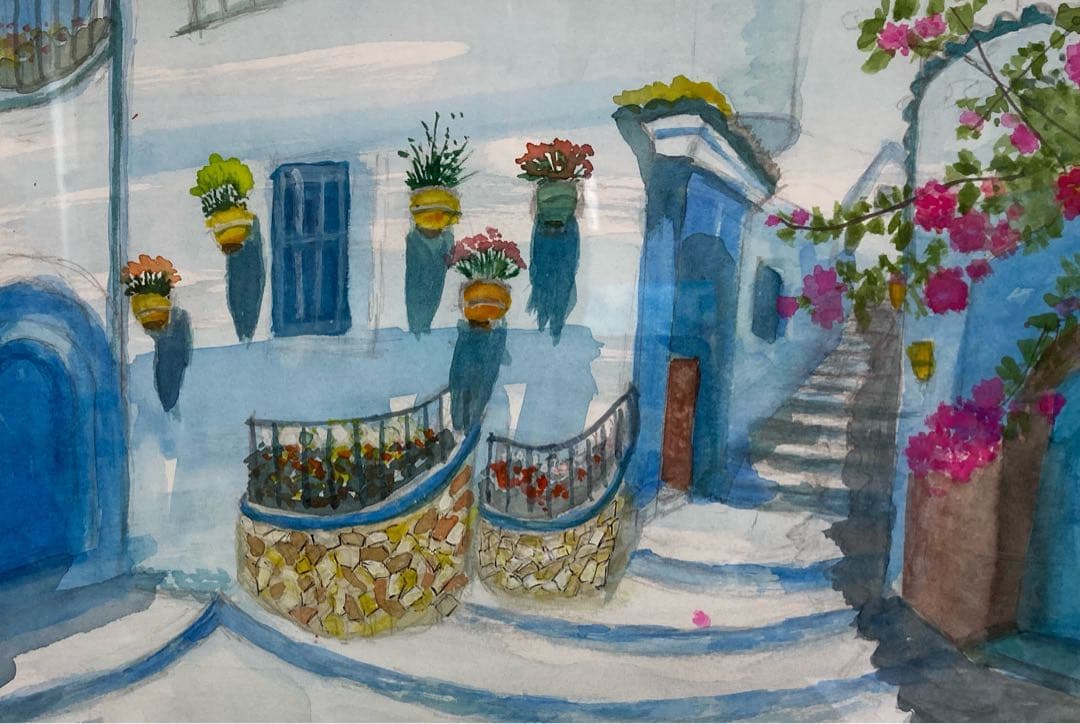 水彩画　「　ブーゲンビリアの街かど　」　原画　額付