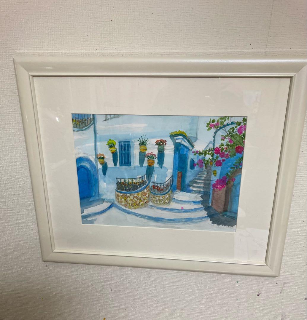 水彩画　「　ブーゲンビリアの街かど　」　原画　額付