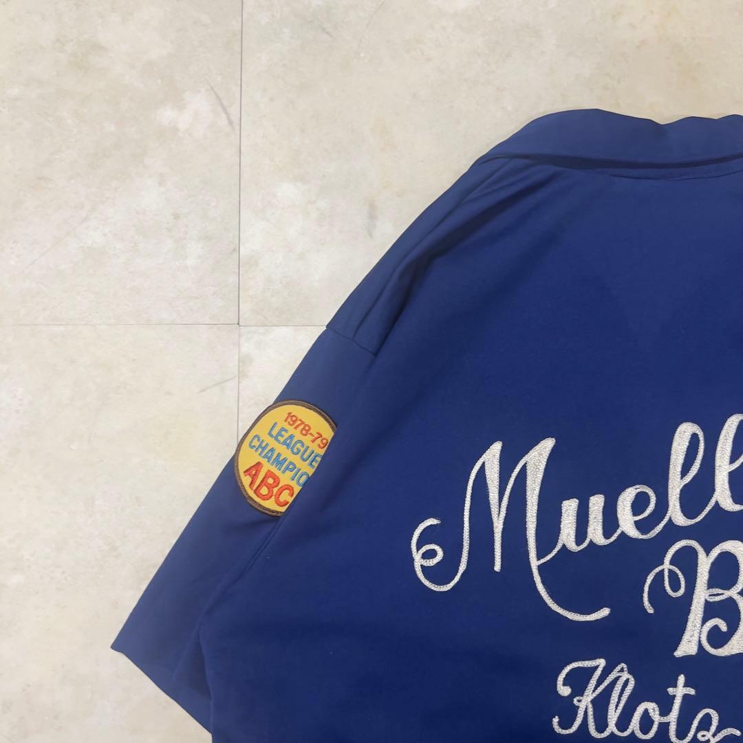 70s ボーリングシャツ USA製 青 チェーンステッチ XL開襟シャツ