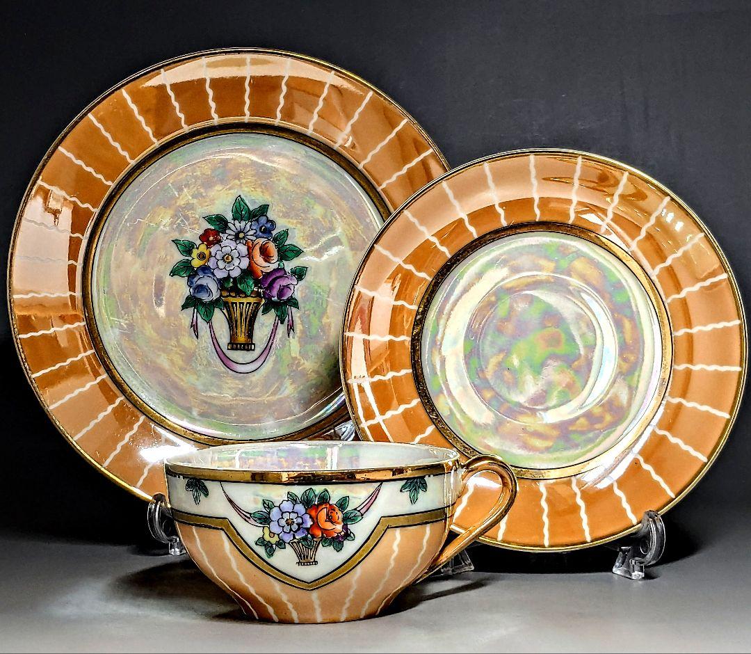 オールドノリタケ アールデコ期大銘品！金彩虹ラスター花籠絵図キャビネット トリオ