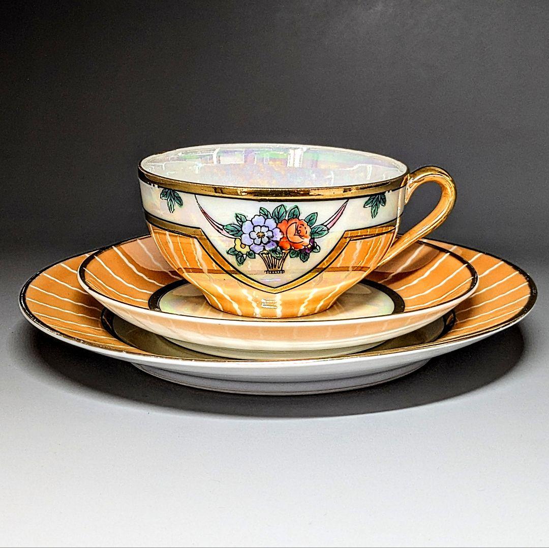 オールドノリタケ アールデコ期大銘品！金彩虹ラスター花籠絵図キャビネット トリオ