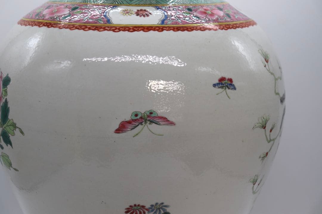 中国　粉彩雉鳥牡丹紋大瓶　高さ35cm 送料込み251107