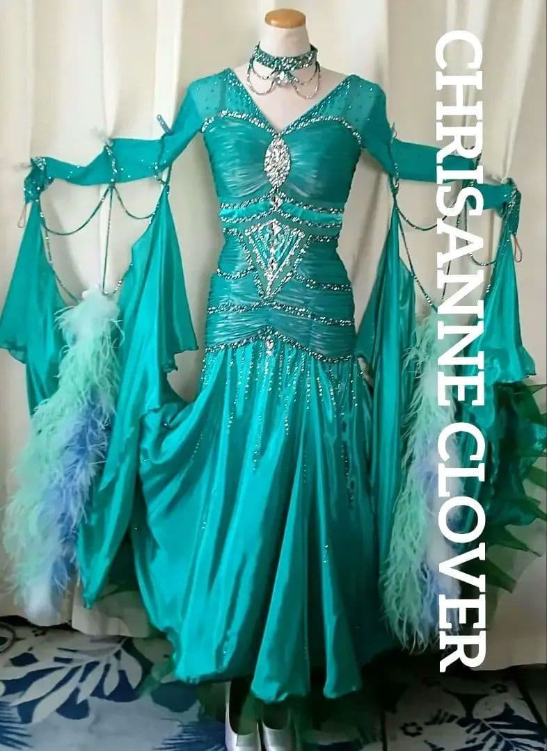 社交ダンスドレス！英国CHRISANNE 製オーストリッチ ターコイズグリーン！