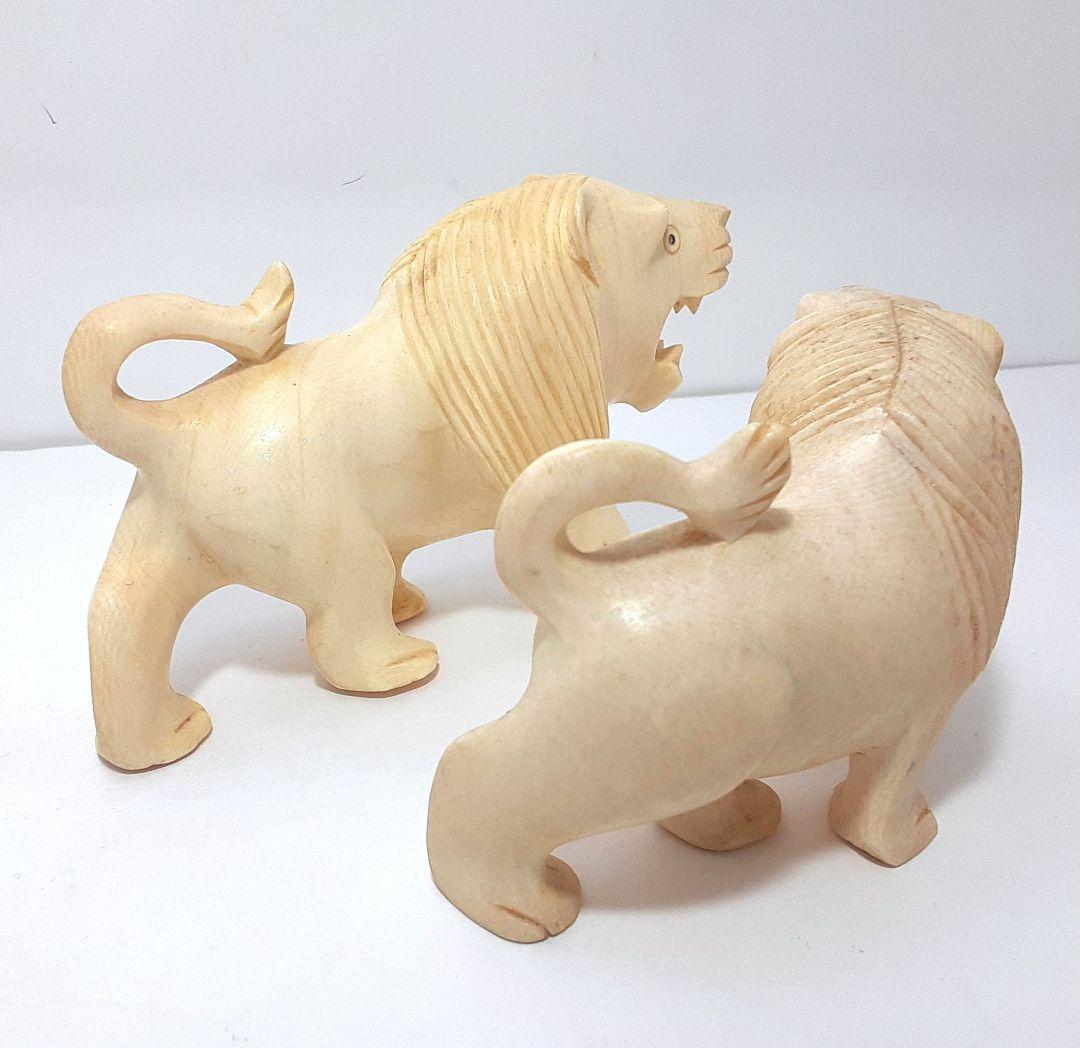 Y667-3 極上 高級彫刻 ライオン細工 置物 2体セット 総重量445g