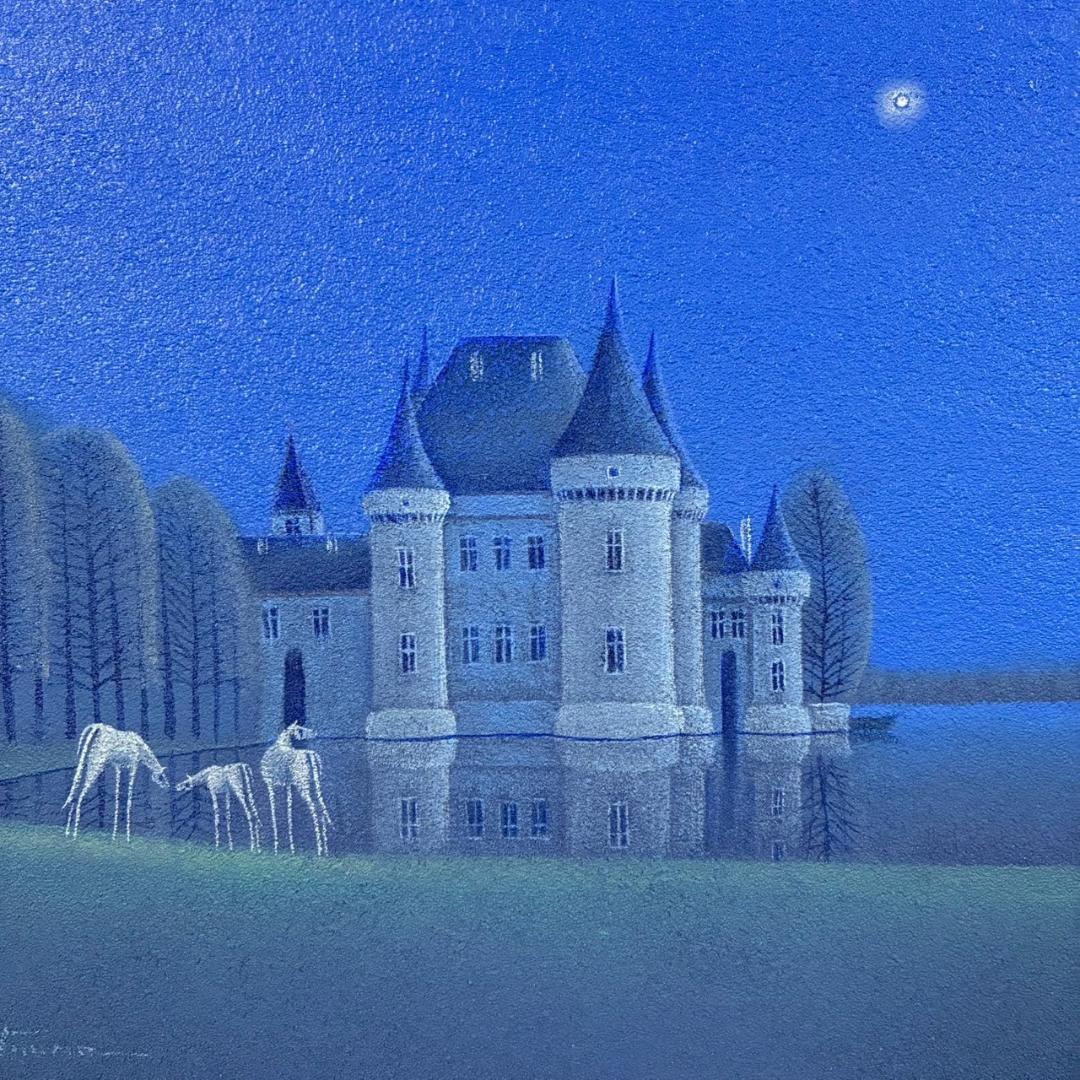 松浦敬文「水辺の城」キャンバスに油彩 共シール 直筆サイン入り 飛翔会会員