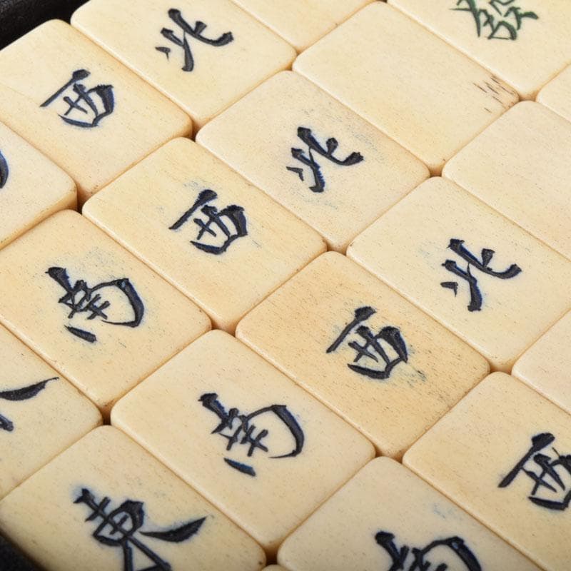 中国　竹嵌　骨牌　背竹牌　麻雀牌　皮製ケース付　V　7447