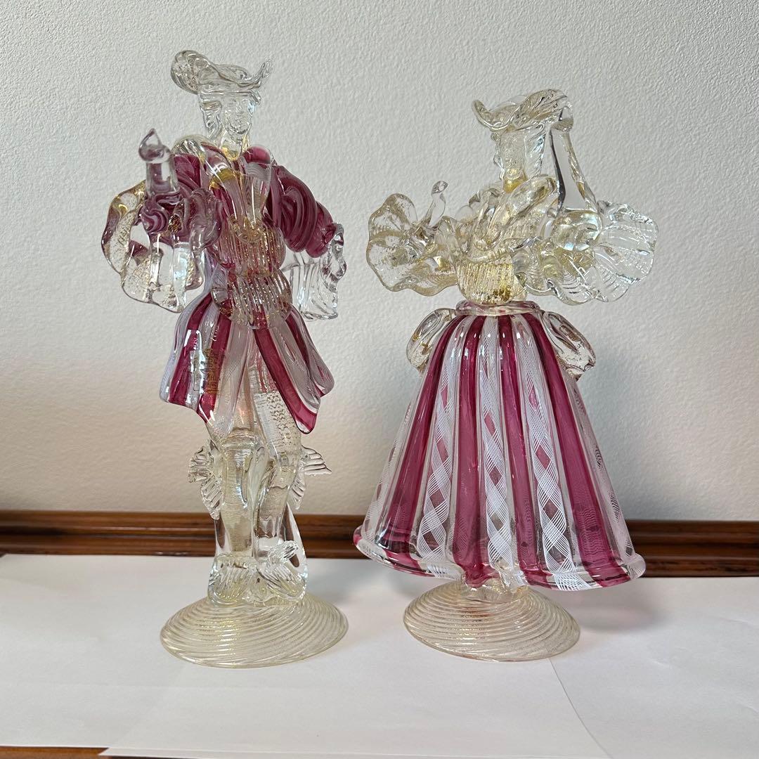 ☆ムラーノ☆ベネチアングラス☆バラリンレース／金彩☆大型 フィギュリン☆2体☆