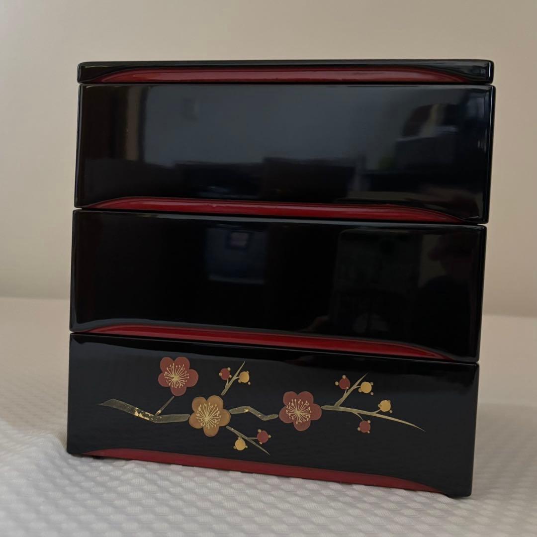 木製漆器　3段重箱　焼金　蒔絵　枝梅　6.5寸　会津ぬ里