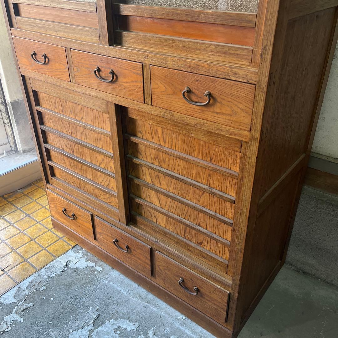 水屋箪笥 昭和初期 ガラス扉 キャビネット 引き出し三杯