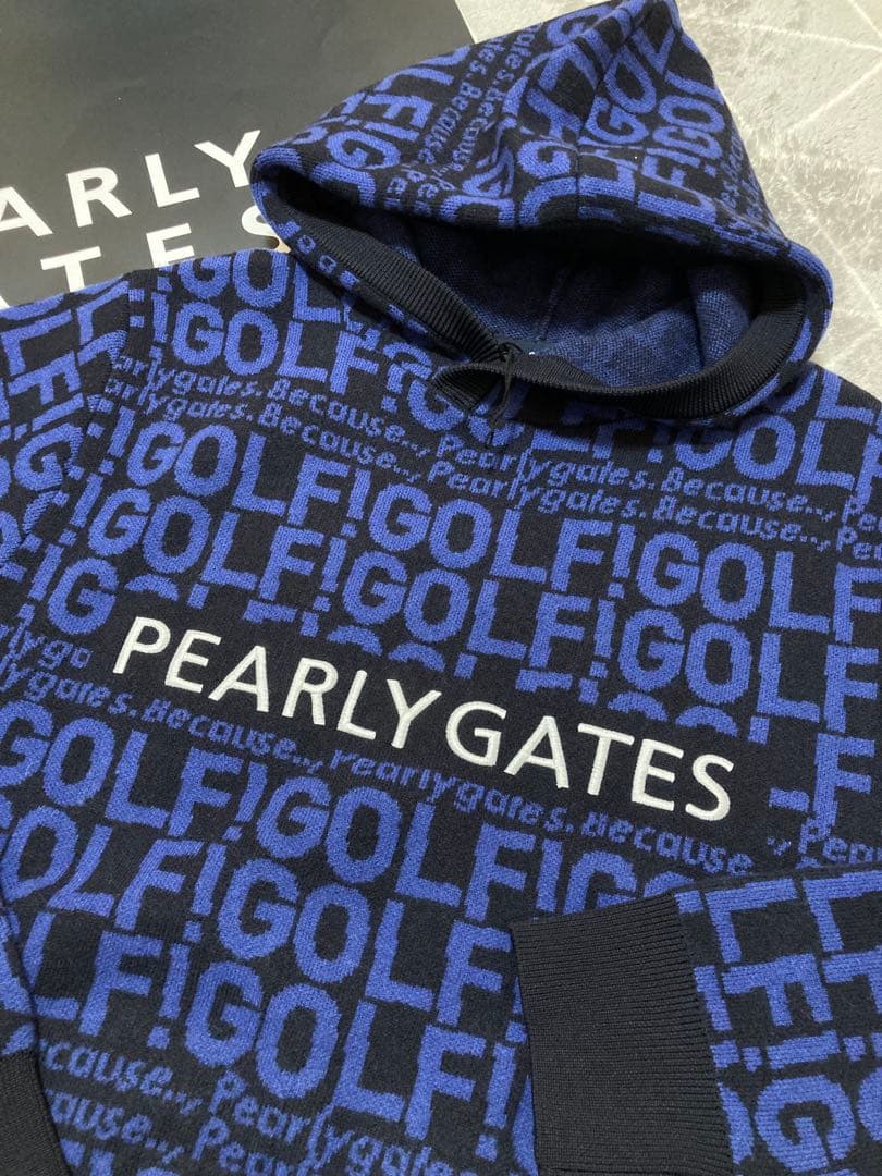 新品 パーリーゲイツ GOLF柄ジャガード ニット フーディ(5)サイズL/紺