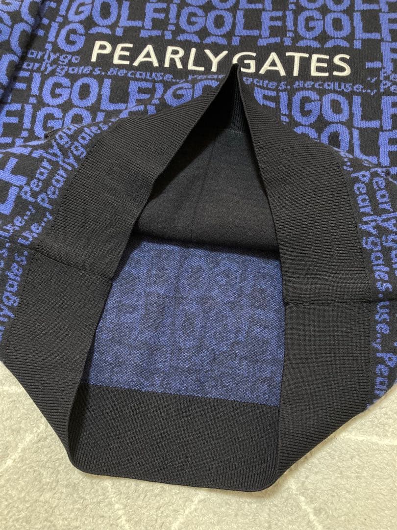 新品 パーリーゲイツ GOLF柄ジャガード ニット フーディ(5)サイズL/紺