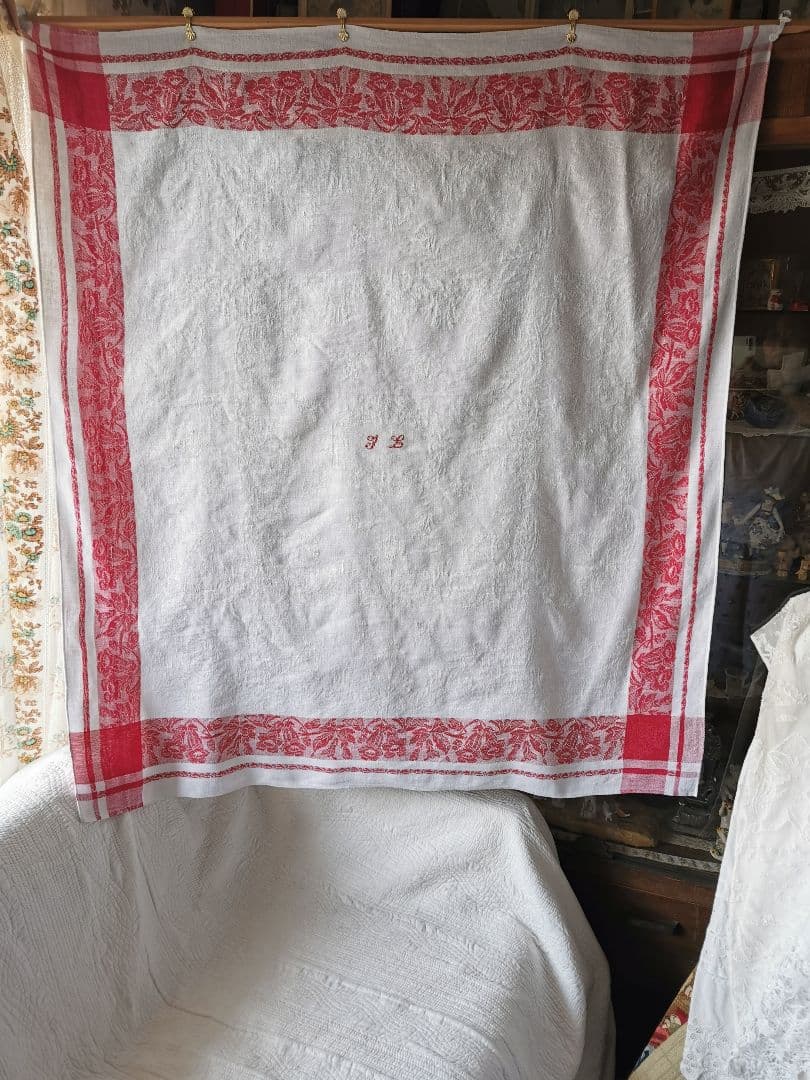 アンティーク ダマスクリネン 風鈴草 釣鐘草 百合の大判クロス フランス購入