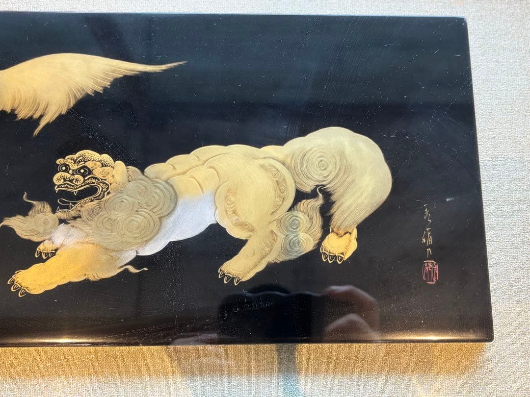 大人気　79cm 金彩 獅子　狛犬　縁起物 開運 福寿 額縁　輪島塗　沈金