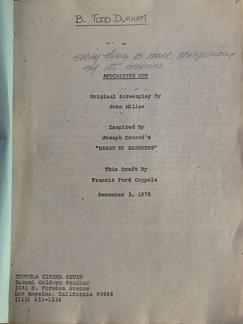 地獄の黙示録　初期スクリプト　1975年　マーロンブランドのサインあり