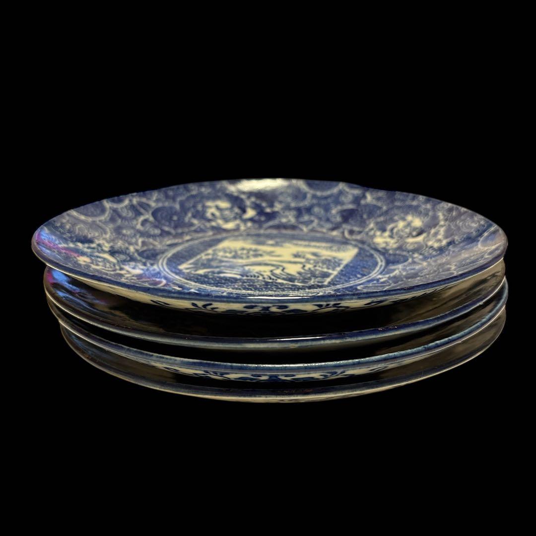 染付 印判手 菊唐草 山水文 肥前 伊万里 波佐見系 和食器 中皿 4枚セット