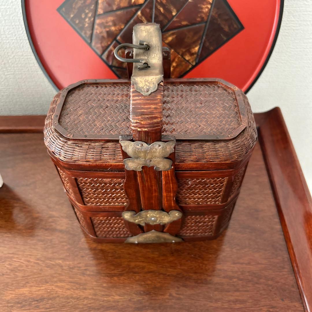 2段　竹細工アンティーク　収納ケース