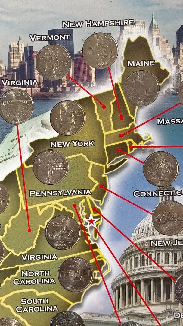 ♥♥。アメリカ25セントクォーター50州記念アルバム(56枚在中)。