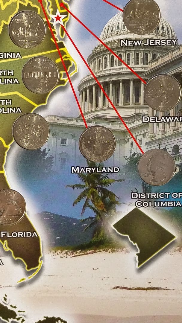 ♥♥。アメリカ25セントクォーター50州記念アルバム(56枚在中)。