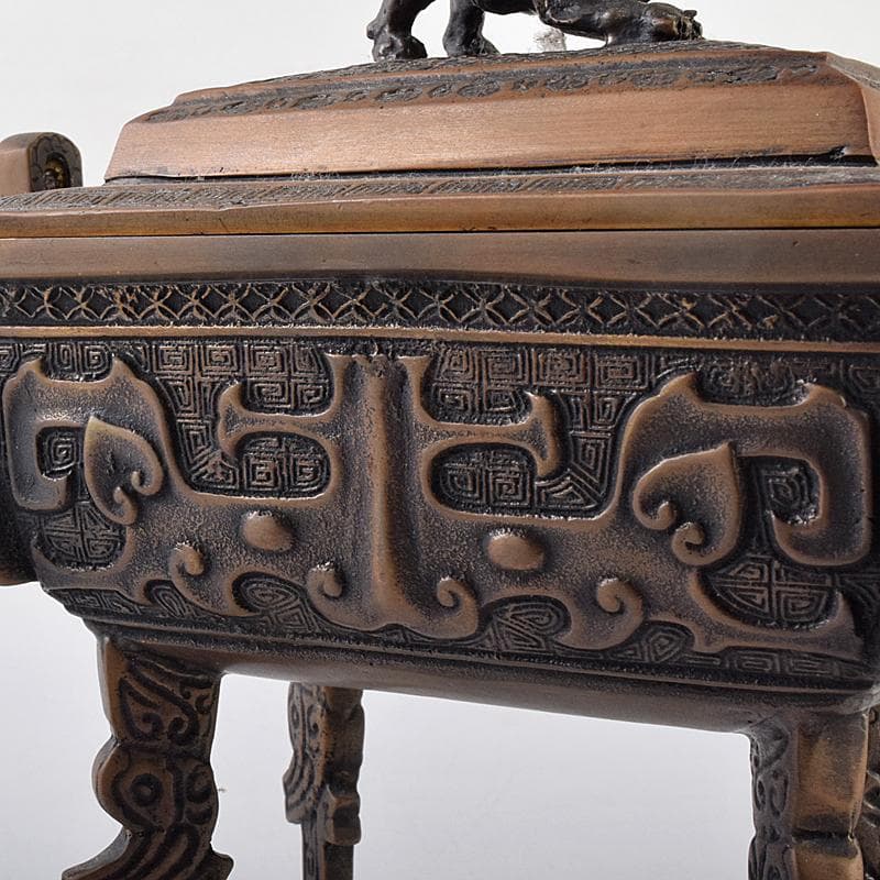 高岡銅器　米田陵山作　鋳銅　獅子摘　四方香炉　鼎　M　R7650