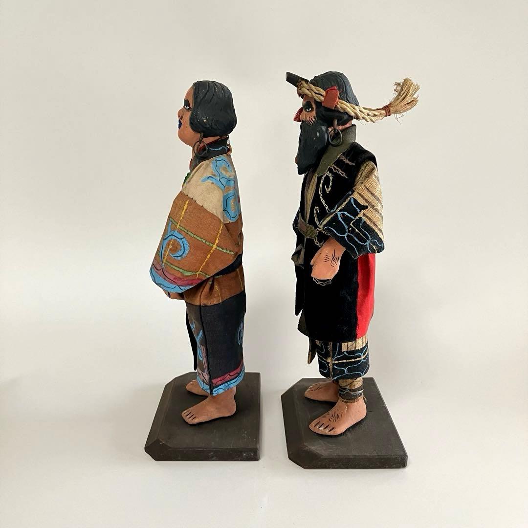 北海道　昭和初期　アイヌ　風俗人形　夫婦像　民俗資料　厚司織　タマサイ　民芸