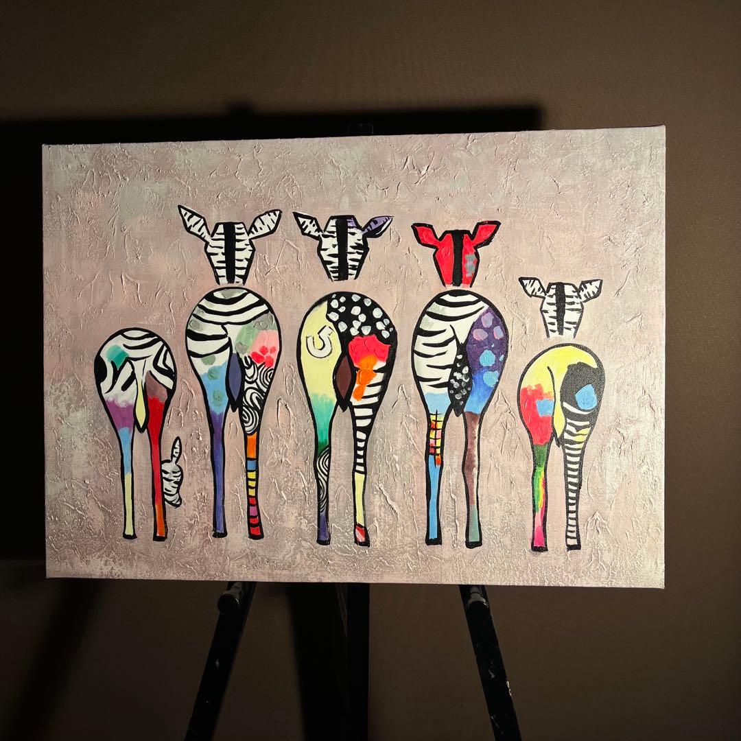 手書き油絵 ゼブラ 絵画 インテリア 油彩画