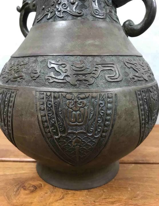 中国古玩 唐物 青銅饕餮文双耳花瓶 古青銅器 在銘 花器 花入 銅製 置物