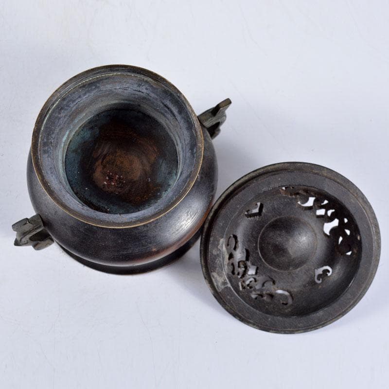 中国　古銅　象嵌神獣文　香炉　透かし唐木蓋　合せ箱　H　R4659