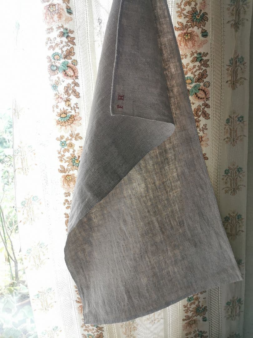 アンティークフランス ラスティック ホームスパンリネン イニシャル赤糸刺繍クロス