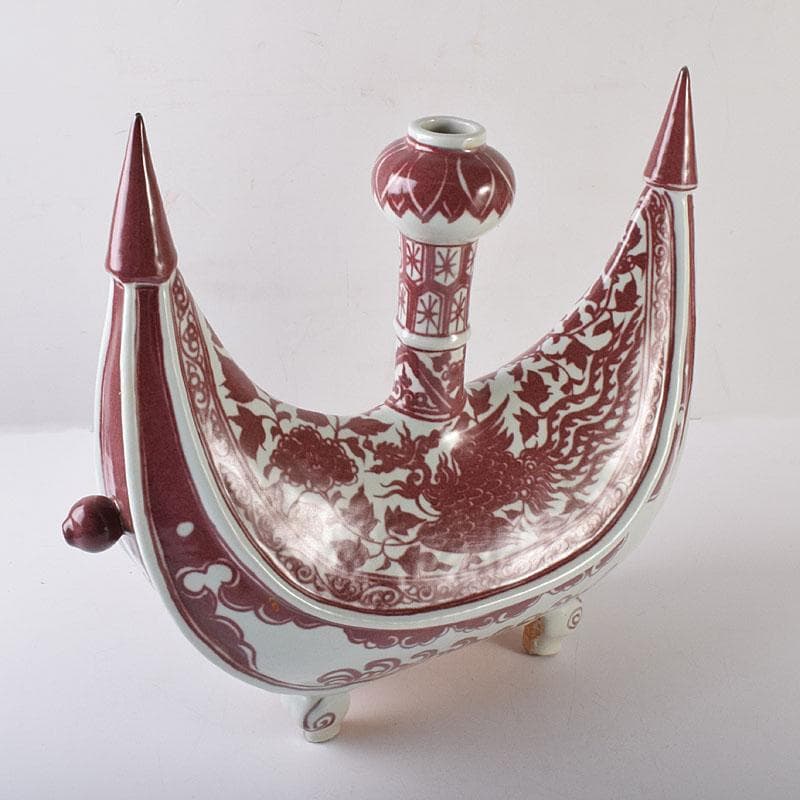 中国　釉里紅　四足水注　扁壷　M　7325C