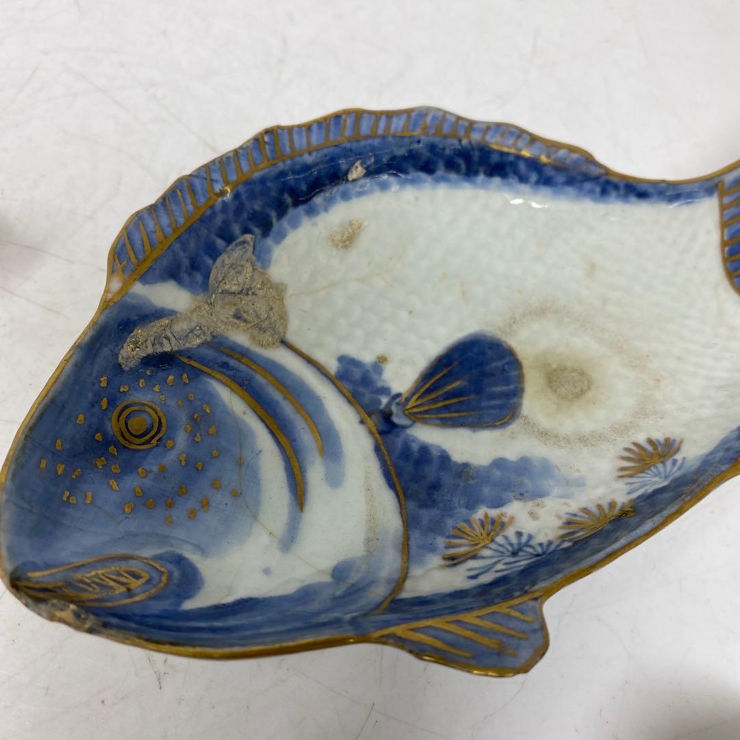 江戸中期　藍九谷　鯛の図皿　5客　トヒル　木箱付　東さ7-0809☆2F