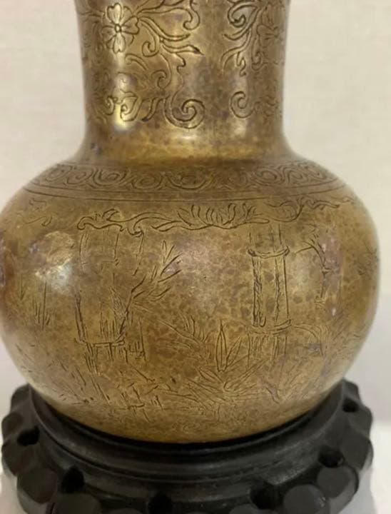 花瓶 中國骨董品 乾隆年製 在銘　真鍮製