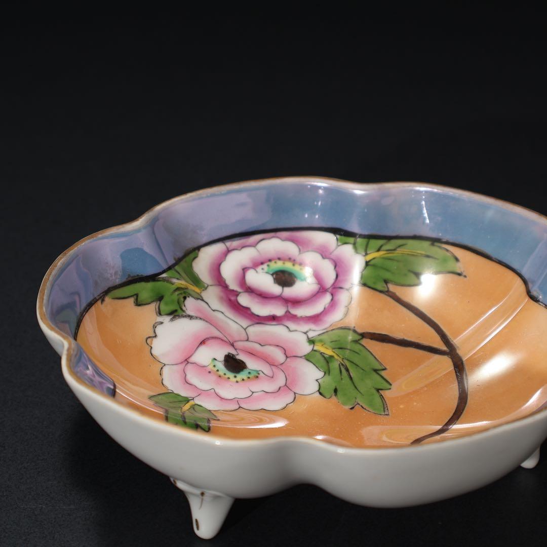 オールドノリタケ　三つ足花柄皿　ラスター彩　ジュエリートレー　6R1548ダG