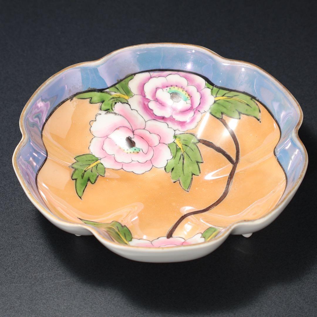 オールドノリタケ　三つ足花柄皿　ラスター彩　ジュエリートレー　6R1548ダG