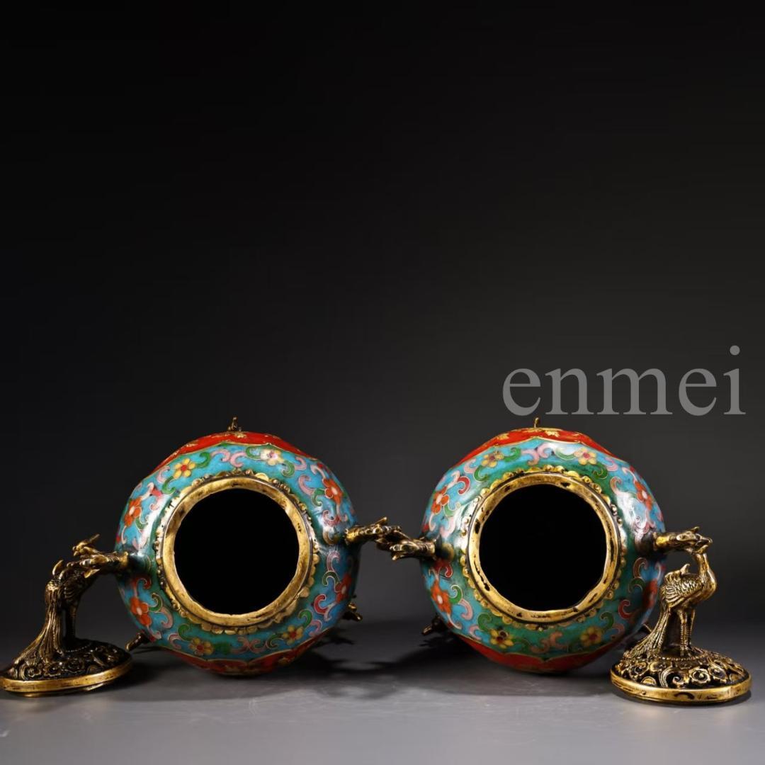 珍品旧藏・赤青琺瑯装飾双対香炉・高浮彫鏨刻・鎏金鳳鳥浮彫付き・純銅製・置物・風水