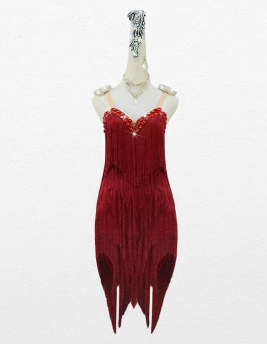 社交ダンス衣装 ラテンワンピース フリンジドレス ワインレッド オーダーメイド