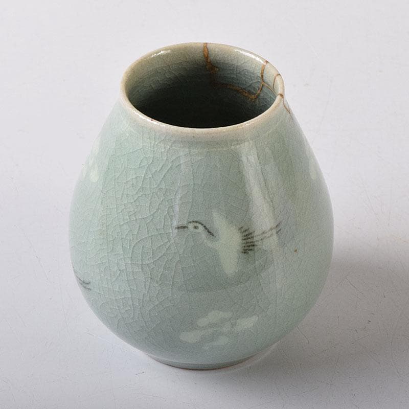 韓国人間文化財　柳海剛（柳根瀅）作　高麗青磁　象嵌鶴文　茶入　共箱　V　7835