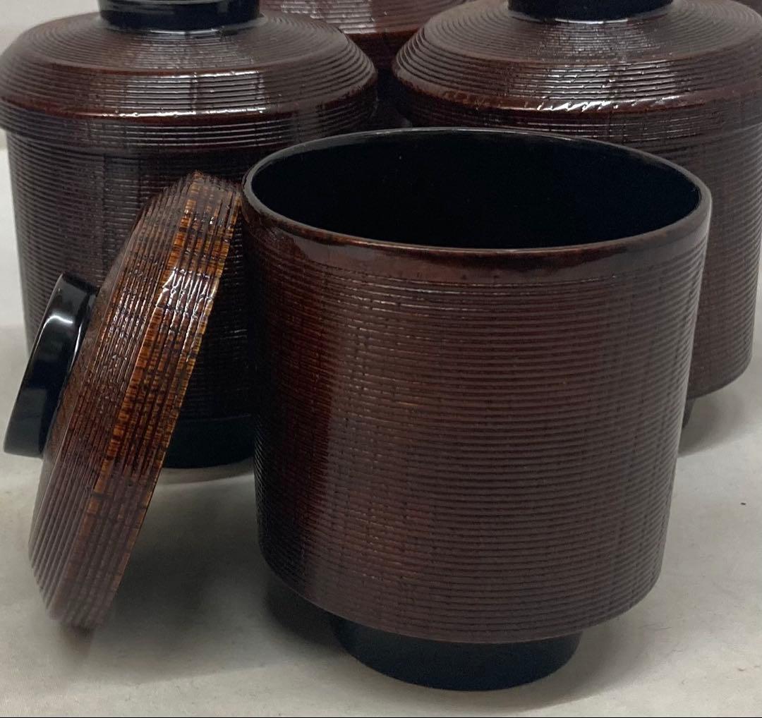 B518b「松葉図 面取千筋欅 箸洗 5客」溜塗　椀　茶道具　懐石道具