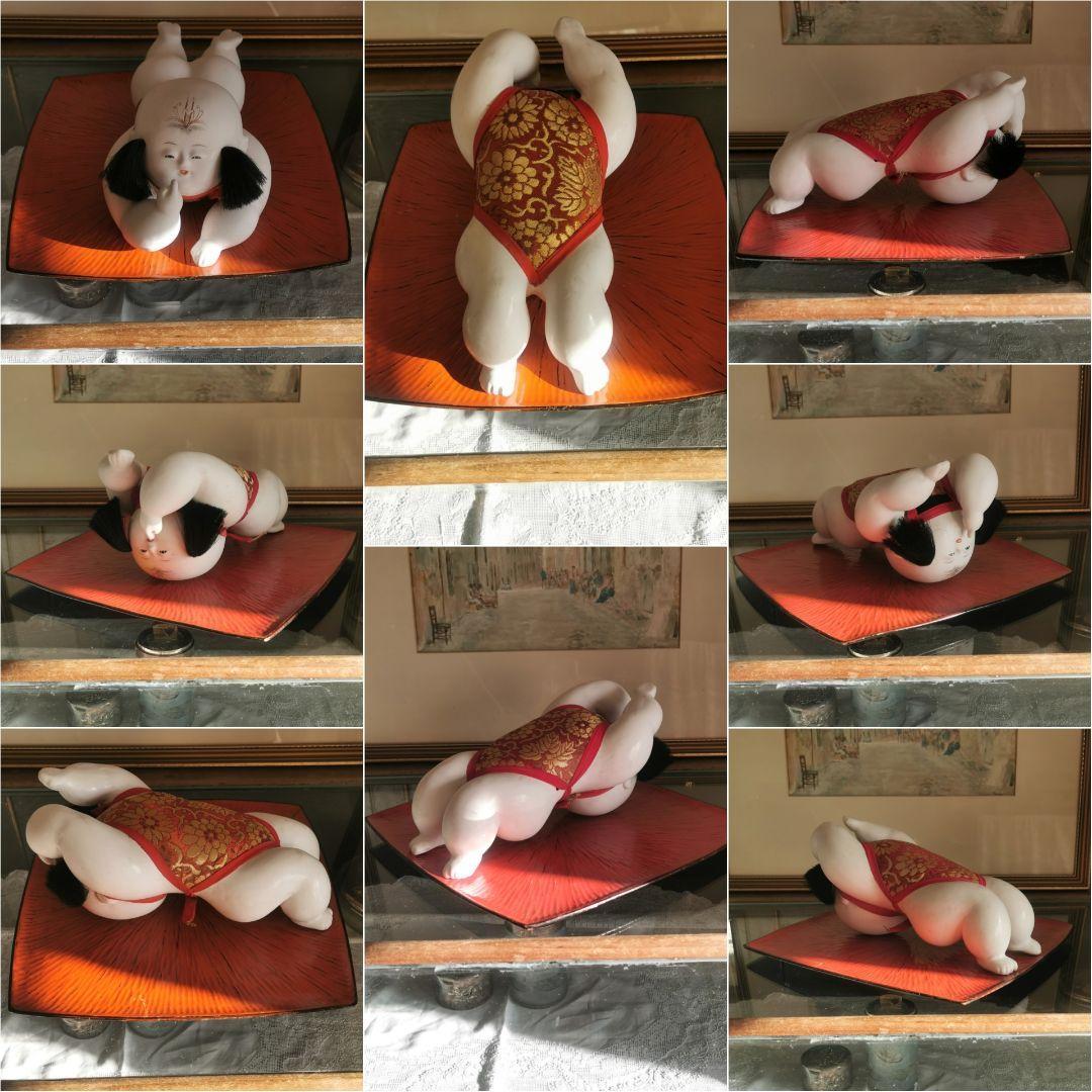 ヴィンテージ 28㎝大型這児人形 博多加賀はいこ 赤に金糸 骨董 朱漆塗り盆台付