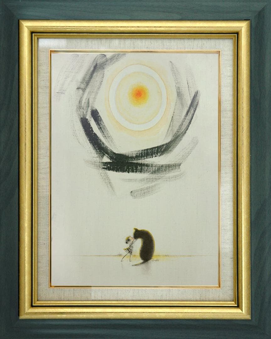 油絵 菅家令子 絵 絵画インテリア額付(青緑＋銀)F3-092018子猫犬女の子