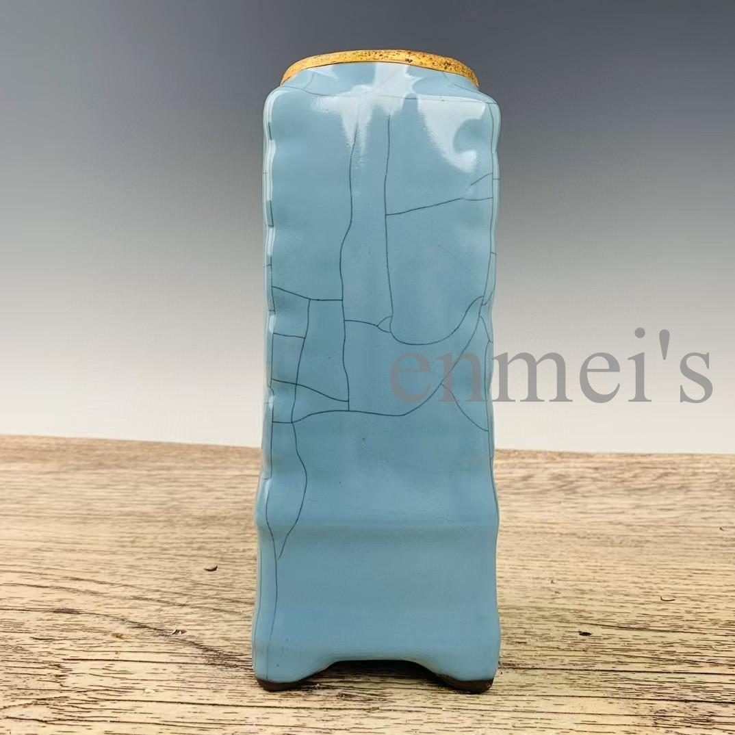 中国古美術・宋官窯風 金彩詩文青瓷瓶・花瓶・青釉・陶器・茶道具・文房置物・賞物