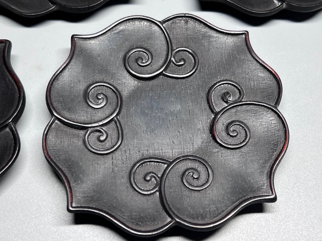 中国古美術　時代物　唐木　五客　茶托　茶道具　木製　巻草紋　浮彫　極細工