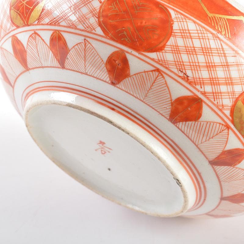 九谷焼　古九谷　赤絵金彩　雲龍山水人物文　蓋物　時代箱付　D　R6009