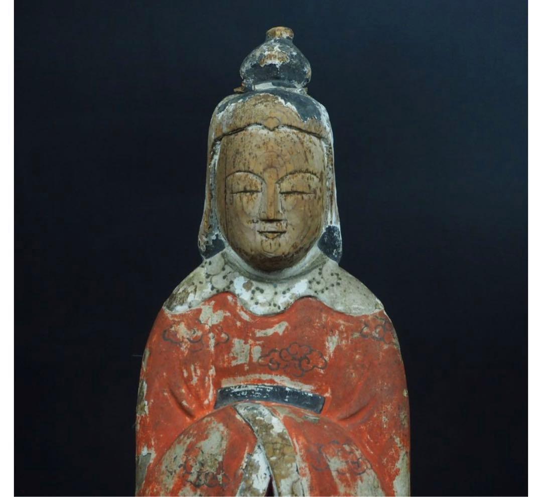送料無料　鎌倉～室町時代　木彫り 木彫立像 古仏　仏像　総高42.3ｃｍ