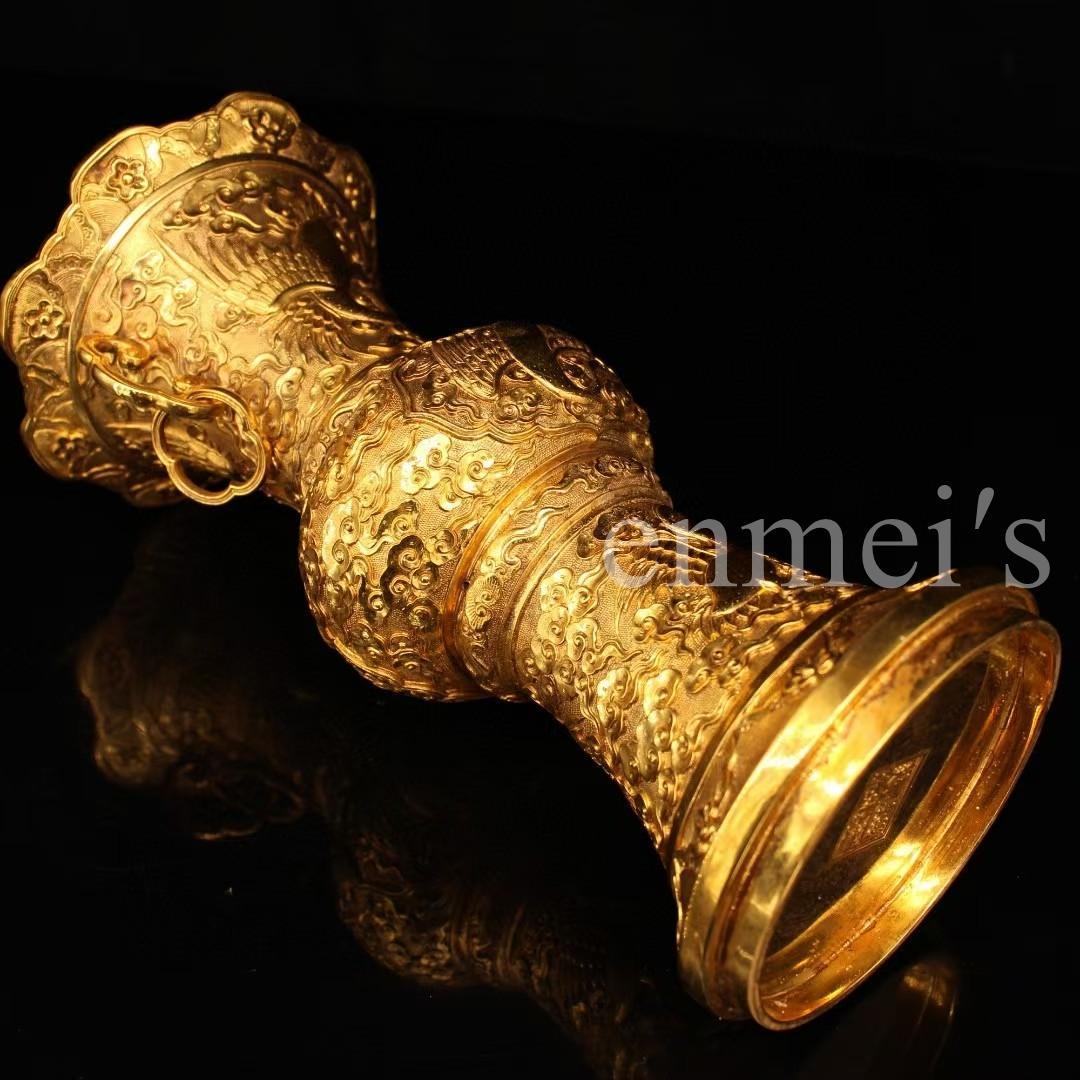 中国古美術・旧蔵鎏金鶴花鼓花瓶・純銅製・純手作り・高浮彫・風水開運・置物・文房具